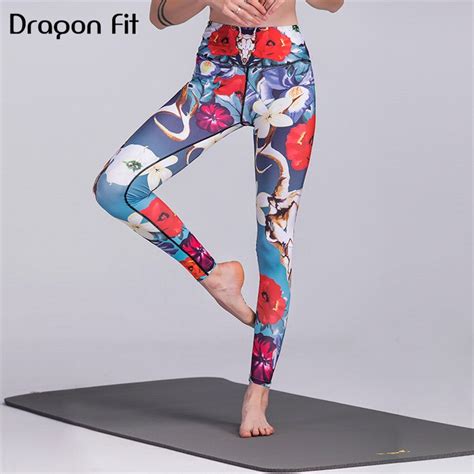dragon fit printed floral elastic yoga pants women high waist stretched running leggings female