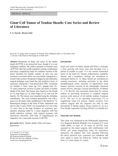 Pdf Giant Cell Tumor Of Tendon Sheath Case Series And Review Of
