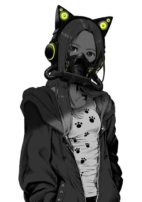 Wallpaper Anime Girl Mask Jacket Black And White Manga