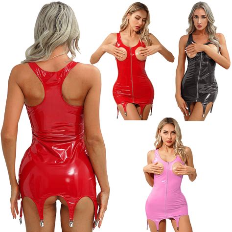Women Sexy Patent Leather Bodycon Dresses Sleeveless Zipper Mini Dress Clubwear Ebay