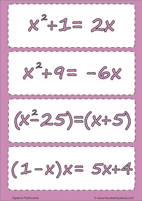 Free Printable Algebra Flashcards For Practice Pdf Number Dyslexia