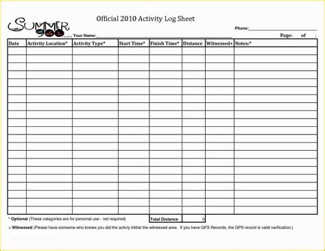 Activity Log Template Excel Free Download Printable Templates