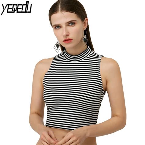 1723 summer crop top stand collar sexy fashion sleeveless knitted striped short tank tops women