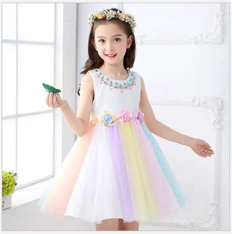 Rainbow Colors Tulle Princess Dress Elegant Baby Girls Birthday Party