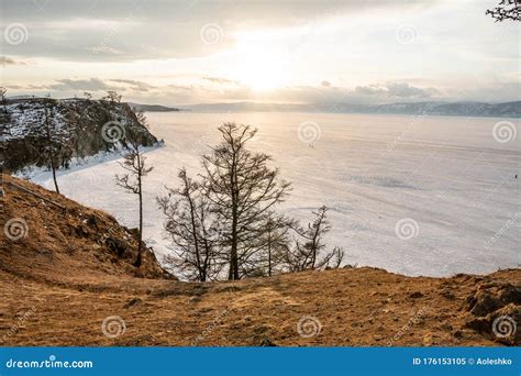 Winter Sunset Landscape Of Lake Baikal On Olkhon Island Mountains Of