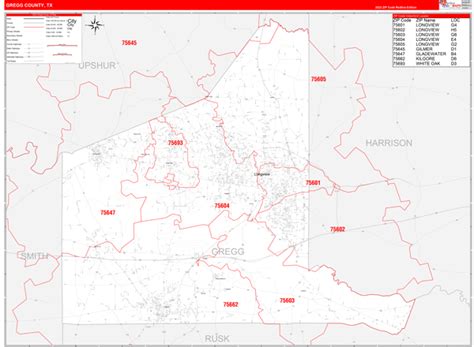 Gregg County Tx Zip Code Wall Map Red Line Style By Marketmaps Mapsales