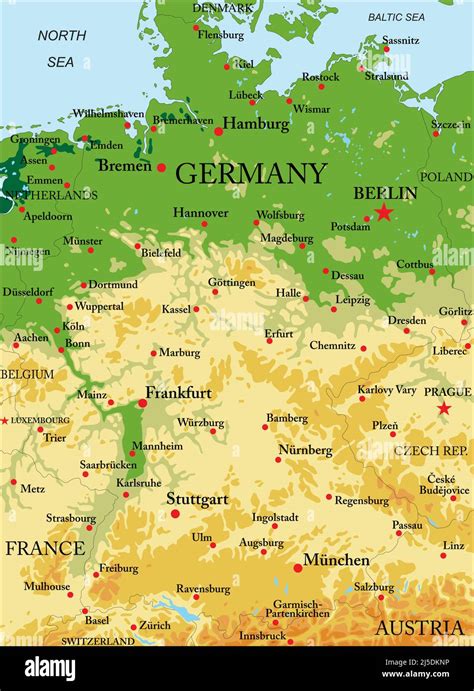 Highly Detailed Physical Map Of Germany In Vector Format With All The