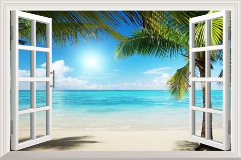 Wall26 White Sand Beach With Palm Tree Open Window Wall Mural