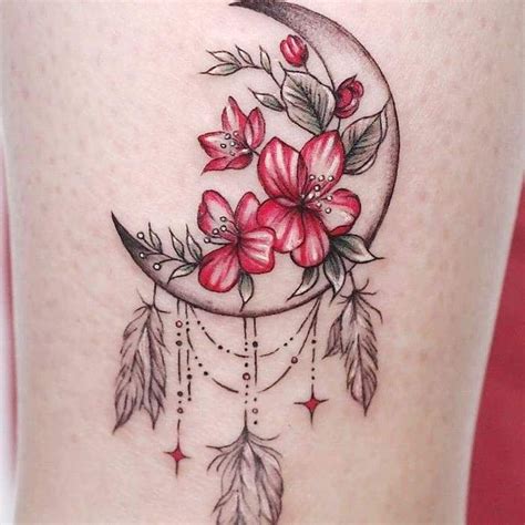 Crescent Moon Red Flowers Leg Tattoo Dream Catcher Tattoo For Men