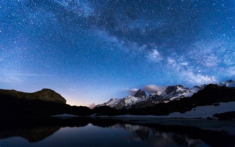 Night Lake Mountains Sky Stars Water Reflection Wallpaper Nature