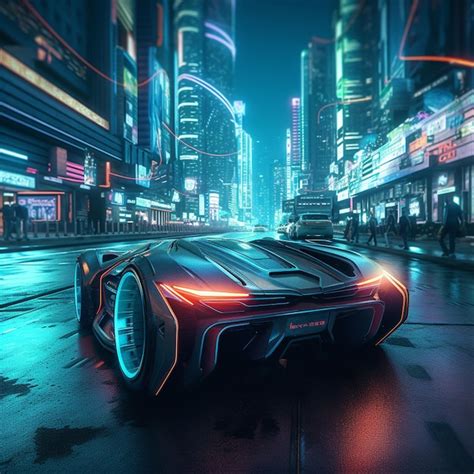 Premium Photo Futuristic Car In A City At Night With Neon Lights