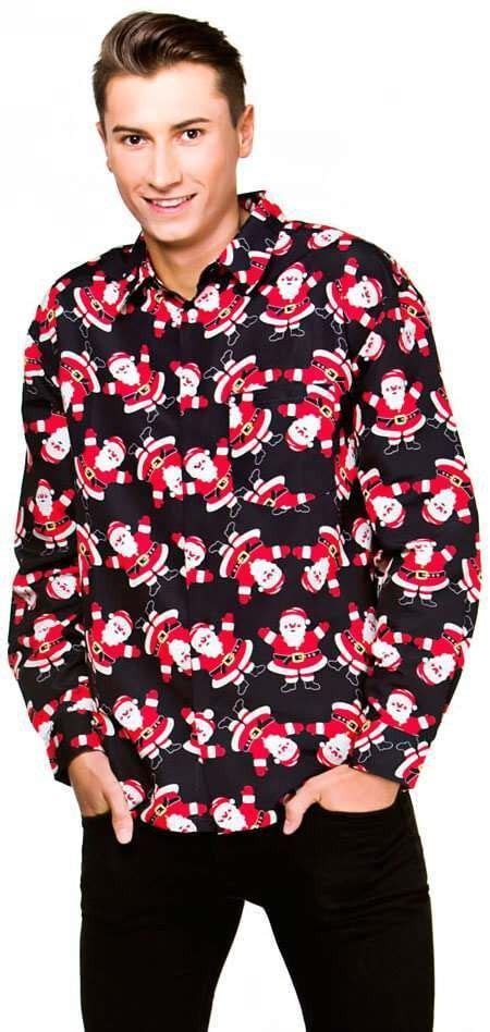 Mens Black Christmas Shirt With Santas Fancy Dress Item Christmas