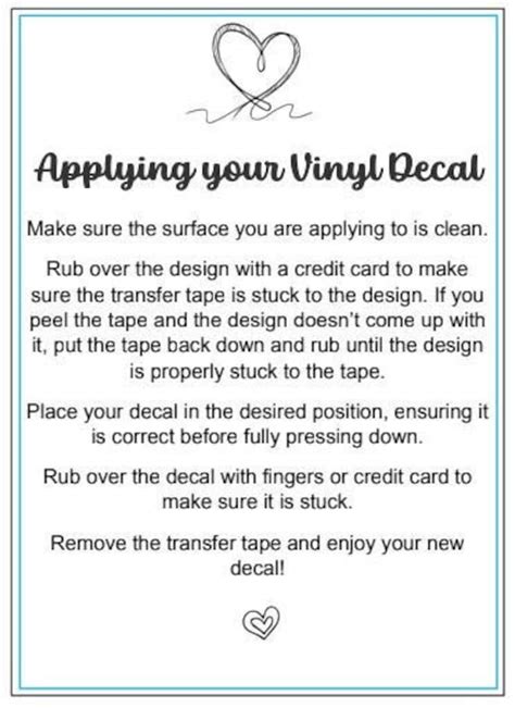 Vinyl Decal Application Instructions Printable Vinyl Decal Care Card