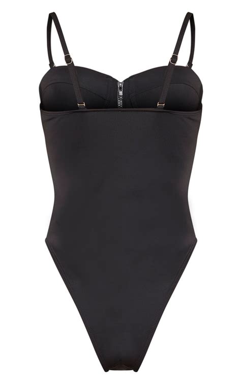 Black Zip Up Cupped Scuba Swimsuit Swimwear Prettylittlething