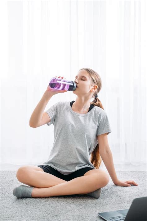 Fitness Hydration Home Gym Girl Drinking Water Stock Image Image Of