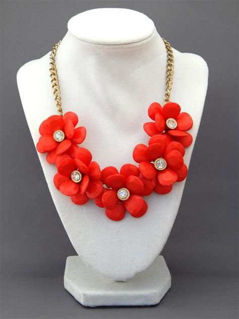 Vintage Red Flower Necklace Red Necklace Flowers With Etsy Red