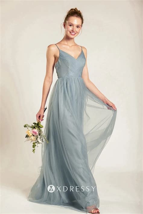 dusty pale blue tulle v neck low back bridesmaid dress xdressy