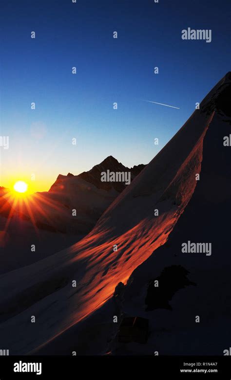 Panoranmic Mountain View To The Jungfrau Joch At Sunset From Europes