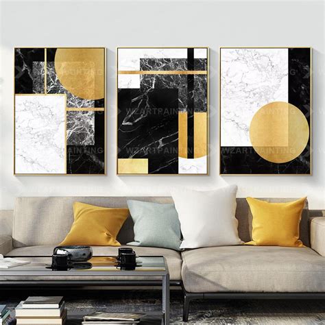 Framed Wall Art Set Of 3 Prints Geometric Gold Black Abstract Etsy