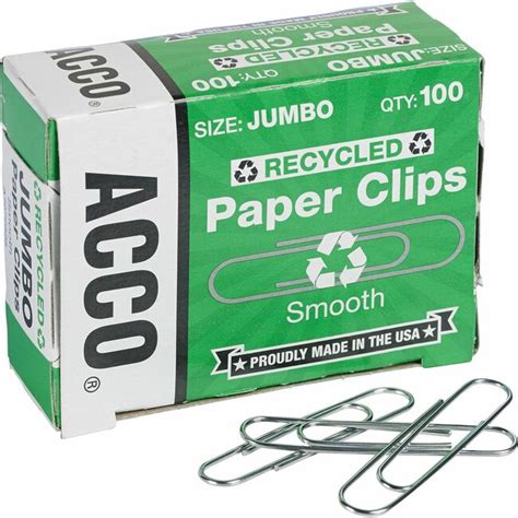 Acc72525pk Acco Recycled Paper Clips Jumbo 16 Length 20 Sheet