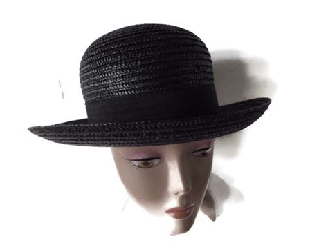 Vintage Jennifer Moore Hat Black Straw Upturned Bri Gem