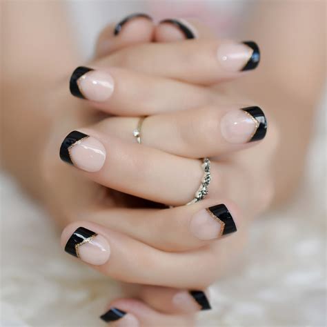 24pcskit Shiny Black French Nail Full Cover Acrylic Nails Tips Art