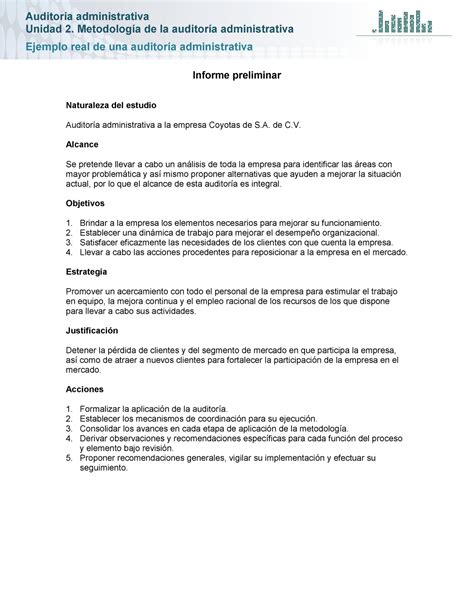 Ejemplo Real De Una Auditoria Administrativa Unidad 2 Metodología De