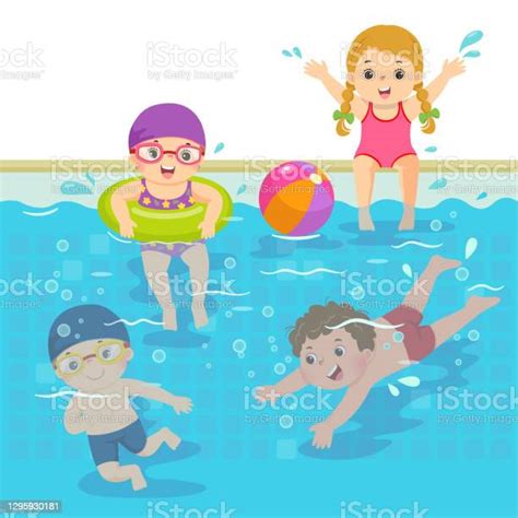 Illustrazione Vettoriale Cartone Animato Di Bambini Felici Che Nuotano