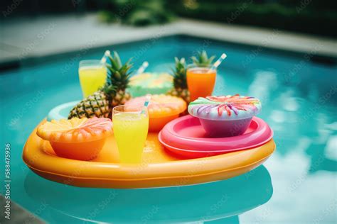Summer Pool Party With Floats Pool Noodles And Tropical Drinks Like