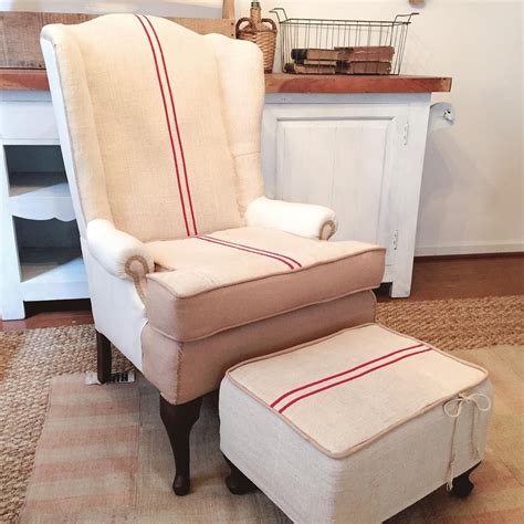 See more ideas about furniture, redo furniture, feed sacks. Grain sack upholstered chair chalkandfable | Upholstered ...