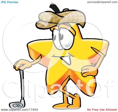 Clipart Picture Of A Star Mascot Cartoon Character Leaning On A Golf