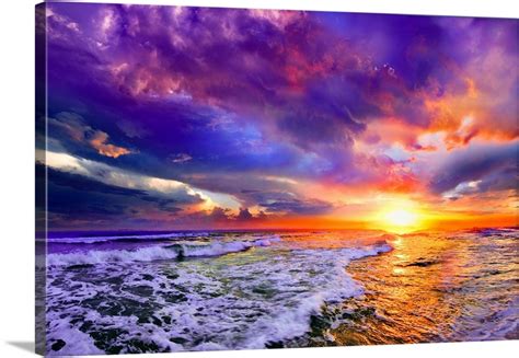 Sea Waves Sunset Abstract Red Purple Pink Clouds Wall Art