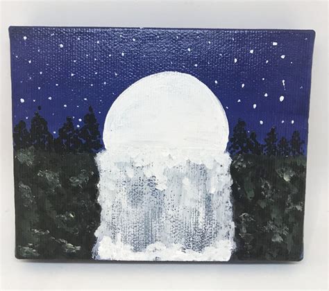 Moon Over Waterfall Small Canvas Acrylic Painting Etsy
