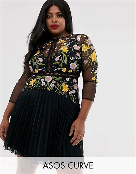 Asos Design Curve Mini Dress With Pleat Skirt And Lace Inserts In