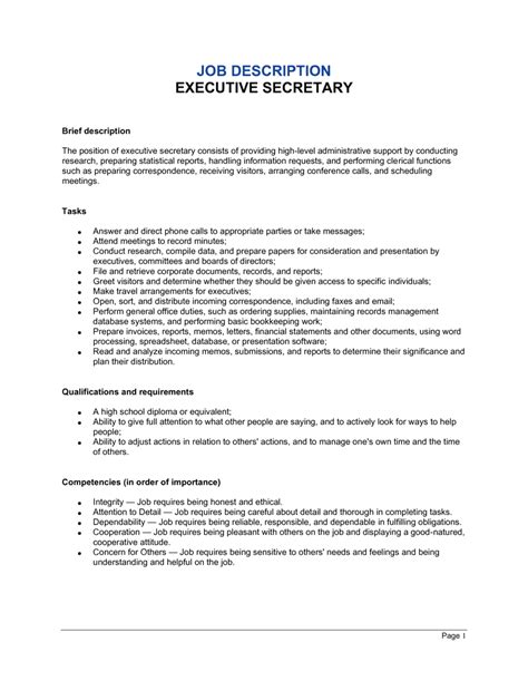 Reporting directly to the president and ceo, the executive assistant to the president/ceo provides executive, administrative, and development support to the president and board of directors, as. Executive Secretary Job Description Template | by Business ...