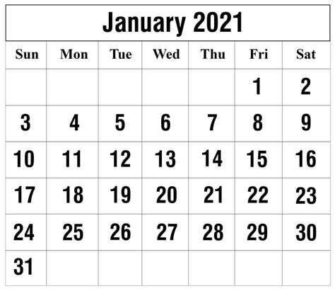 Free January 2021 Calendar Blank Printable Template