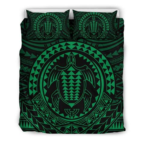 Hawaiian Kakau Honu Arc Green Polynesian Duvet Cover Bedding Set