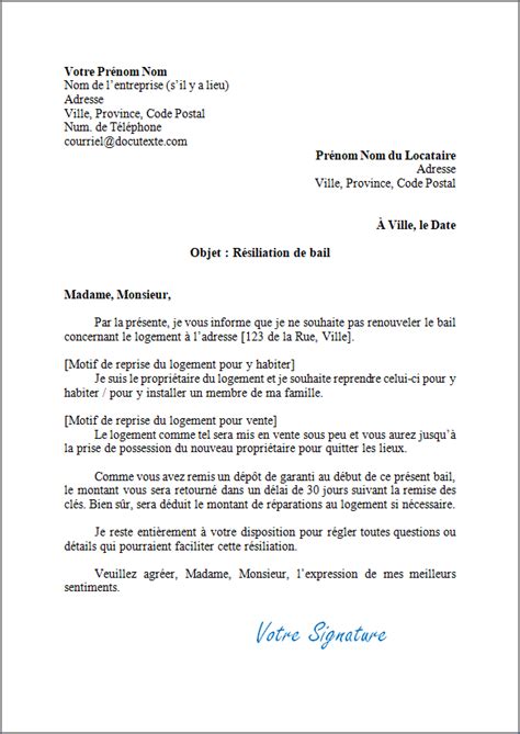 Lettre De Résiliation Bail Par Le Propriétaire Docutexte Resiliation