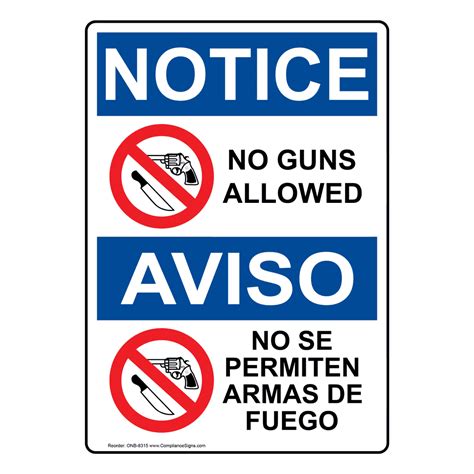 Vertical No Guns Allowed Bilingual Sign Osha Notice