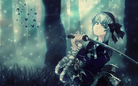 Katana Anime Japanese Clothes Konpaku Youmu Touhou Bats Blue Eyes