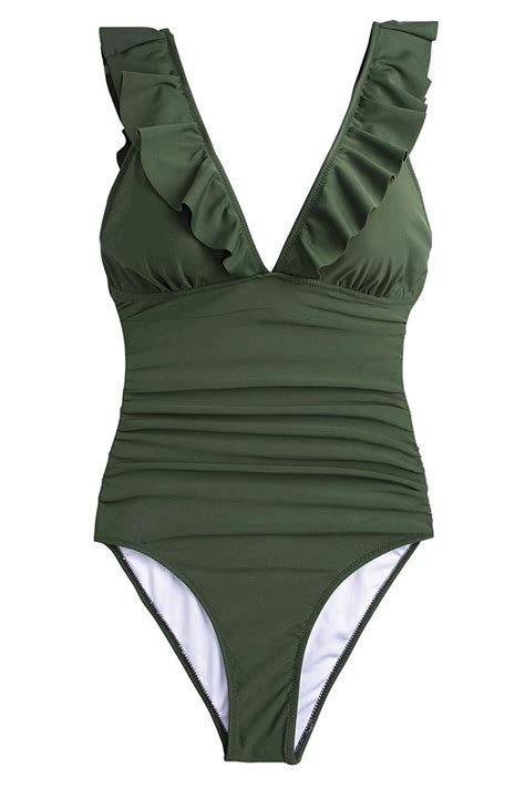 Cupshe Womens V Neck One Piece Swimsuit Ruffled Lace Up Green Size