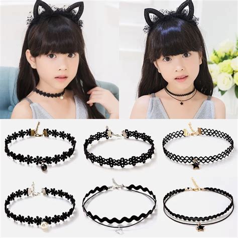 Fashion 5pcs Girls Multi Layer Lace Black Choker Necklace Kid Stretch