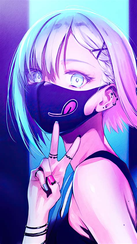2160x3840 Anime Girl City Lights Neon Face Mask 4k Sony Xperia Xxzz5