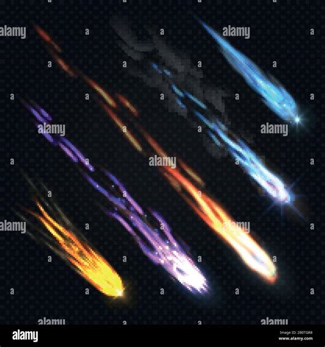 Meteors Comets And Fireballs With Fire Trails Isolated Vector Set