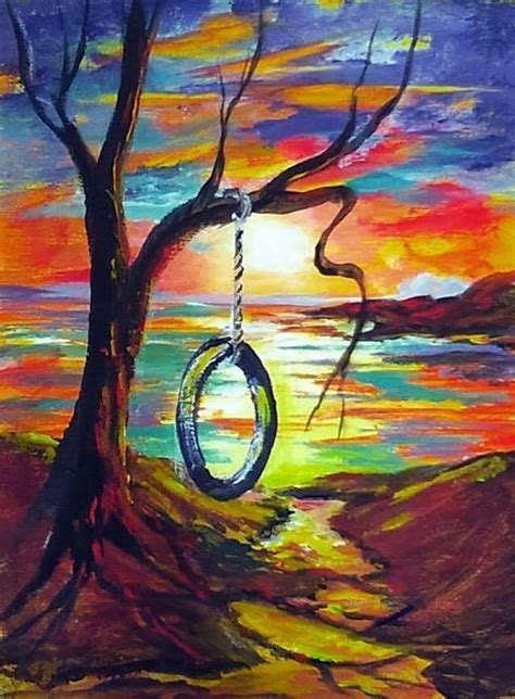 Tire Swing At Sunset Sunset Painting Acrylic Painting Diy Canvas Art