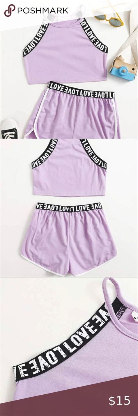 Girls Letter Tape Halter Top And Contrast Binding Track Short Set In 2022