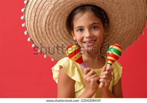 Happy Little Mexican Girl Sombrero Hat Stock Photo 2204308439
