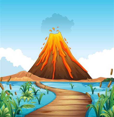 Nature Scene With Volcano Eruption By The Lake 519255 Vector Art At