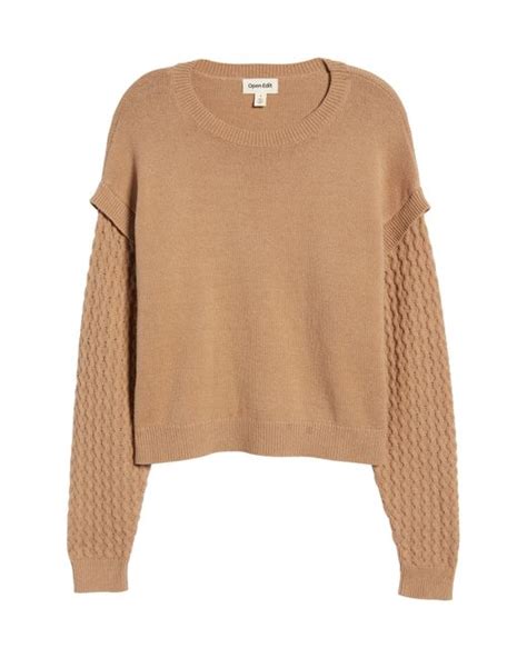 open edit stitch sleeve cotton blend sweater in natural lyst