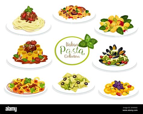 Pasta Dishes Of Italian Cuisine Vector Spaghetti Macaroni And Penne